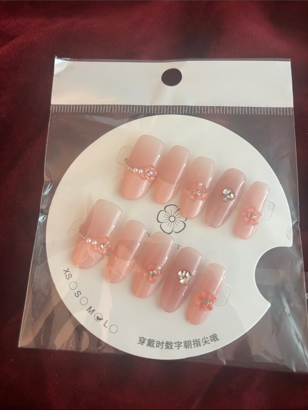 Peach Pink Floral Rhinestone Press-On Nails - Women Makeup